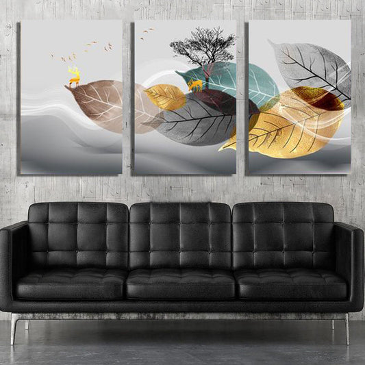 Abstract Grey Gold Blue Leaves (3panel) | Wall Art